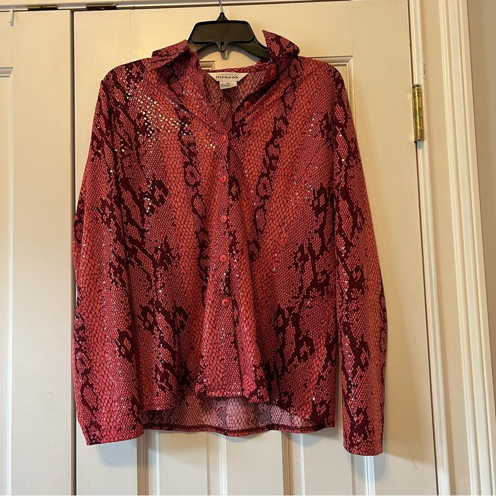 Misook Women’s Button Front Pink Snakeskin Sparkle Blouse Size Medium